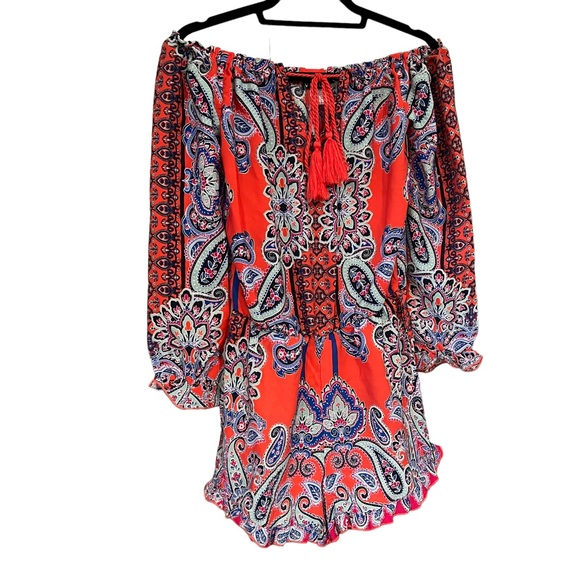 Venus Romper Off The Shoulder Floral Paisley Print Ruffle Long Sleeve - Picture 2 of 11